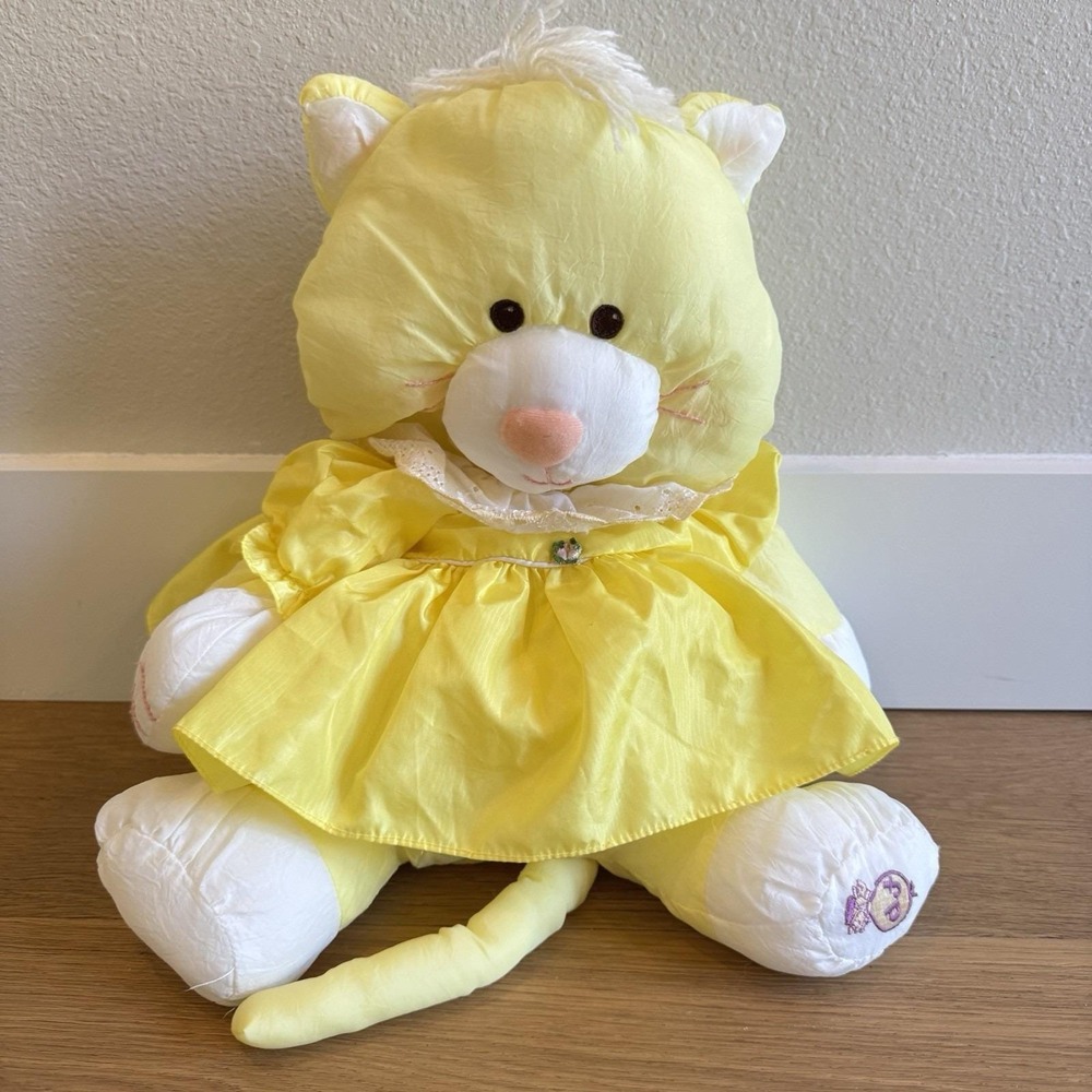 Fisher Price Puffalump Yellow Cat Plush Stuffed Nylon Toy With Dress Vintage 16"